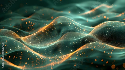 Glowing Serenity: Abstract Digital Art with Emerald Green Waves and Golden Glow