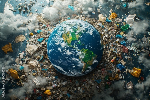 Realistic portrayal of Earth drowning in trash, symbolizing the urgency of waste management and recycling, concept of anthropogenic pressure on the environment