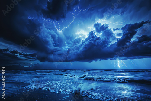 Lightning strikes over the ocean under dark clouds - capturing a scene that vividly illustrates the fury often associated with hell