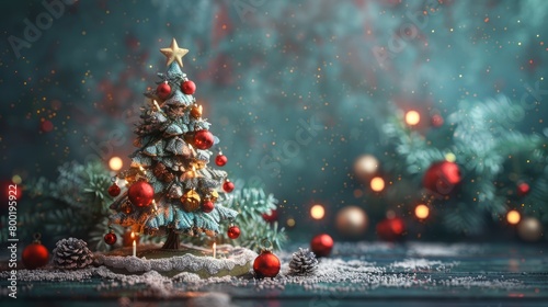 A beautiful Christmas tree with red and gold ornaments and a gold star on top. There are also some presents under the tree. The background is a dark blue with falling snow.