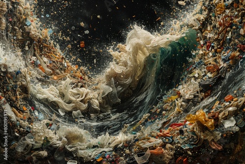 Tsunami-like wave of plastic trash engulfing the frame, symbolizing the urgent environmental threat Concept of pollution, environmental emergency, sustainable living, and waste management
