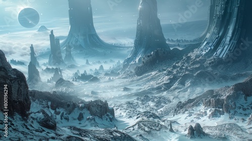 A beautiful landscape of a frozen world with blue crystals and snow