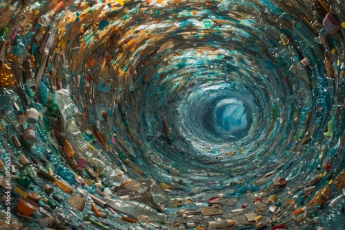 Visual paradox of beauty and pollution in a swirling vortex of plastic waste, symbolizing the urgent need for environmental action