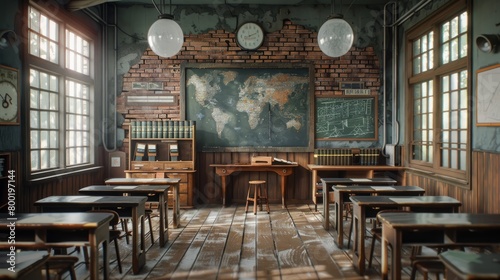 A classroom with wooden desks and chairs, a blackboard, and a world map on the wall.