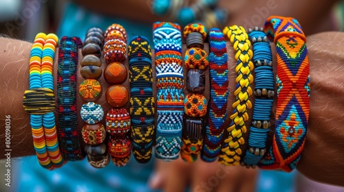 A close up of a person's arm wearing many colorful beaded bracelets.