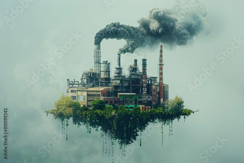A vintage factory spewing black smoke contrasted with a modern, ecofriendly factory with green roofs and minimal emissions, data charts showing progress in sustainable manufacturing