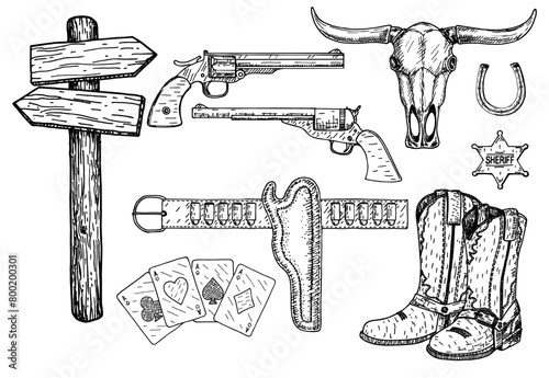 Wild West and Texas vintage icons set. Vector hand drawn sketch illustration. Sheriff star, cowboy hat, gun, playing cards