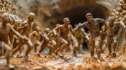 A group of clay sculptures of people running in a tunnel