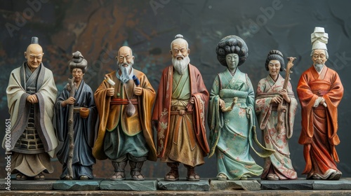 A group of seven wooden sculptures depicting various historical figures.