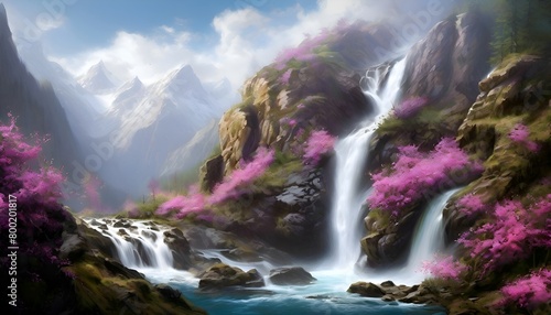  Landschaft Frühling Berg Wasserfall. Wallpaper für den Computer.