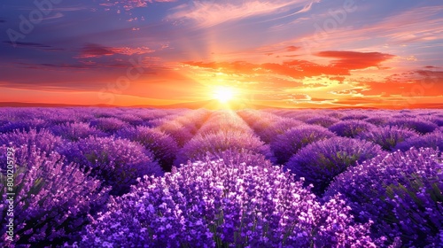 Scenic view of a picturesque french lavender field illuminated by the warm light of the setting sun