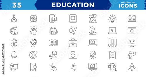 Education Line pixel Perfect Icons set.modern thin line style of school icons: school subjects, supplies, science, and online learning. Isolated on white editable stroke icons.