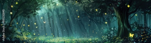 Nighttime in the forest with glowing fireflies and a clear starry sky