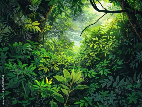 Dense forest underbrush vibrant green foliage