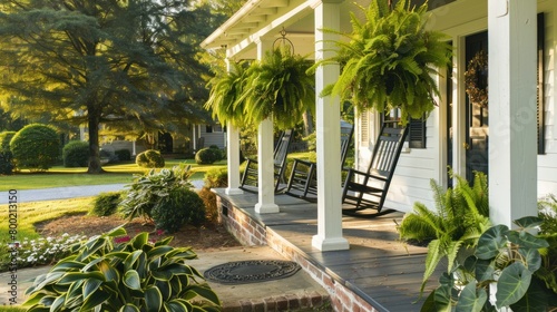 An inviting farmhouse front porch with rocking chairs hanging ferns