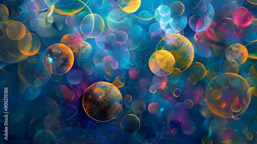 A high-definition image of bright, overlapping circles and polygons on a deep blue background, conveying a sense of organized chaos, captured with advanced camera techniques