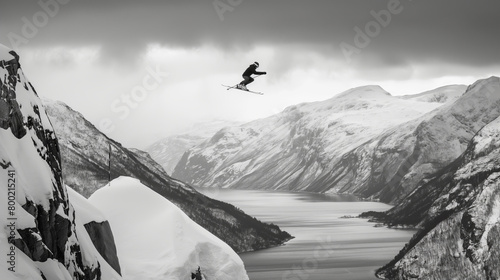 A thrilling action shot of a skier executing an impressive jump against a dramatic snowy mountain backdrop