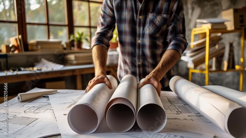 Close up image of a male architect working with blueprints in the office