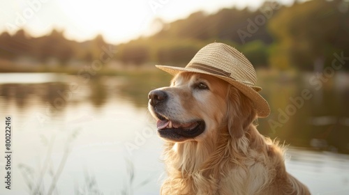 A happy golden retriever wearing a straw hat by the lakeside during sunset.