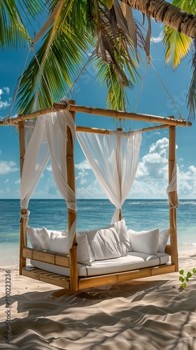 wooden swing with a mattress and pillows under a canopy on the tropical beach