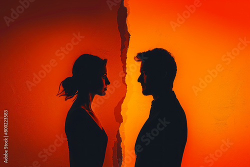 Silhouettes of a couple in marital discord, gazing in opposite directions, on the brink of divorce or separation