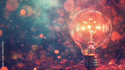 A single light bulb glows brightly against a bokeh background, symbolizing ideas, innovation, and inspiration