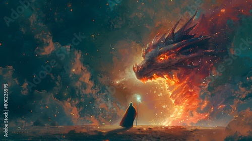 In a mystical realm of swirling mists, a lone mage stands against a massive, fiery dragon, a scene charged with epic fantasy and raw power, Digital art style, illustration painting.