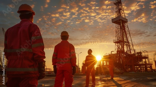 Orderly Array of Pumping Units on Sunlit Plains with Red-Clad Workers