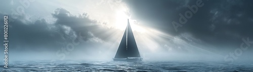 A vertical panorama of a black sailboat silhouette in the fog 8K , high-resolution, ultra HD,up32K HD