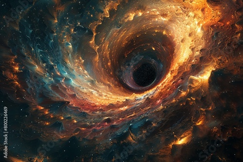 An illustration of a multicolored singularity in outer space, set against an abstract fictional bright cosmic background, representing a black hole 8K , high-resolution, ultra HD,up32K HD