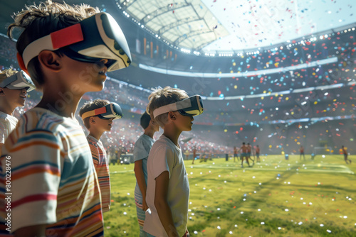 A group of children, wearing casual attire, stand on the sidelines of a football stadium, fully engaged in a virtual reality experience. 
