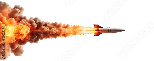  A missile rocket with fire trail isolated on white background. 
