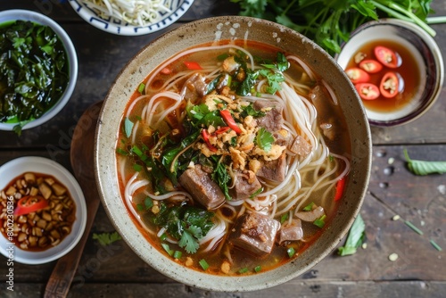 Famous Thai pork blood noodle broth known as Kuaytiaw Reua