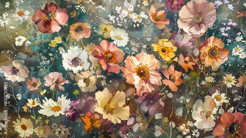 Assorted wildflowers in watercolor, soft pastel palette, densely packed, topdown angle