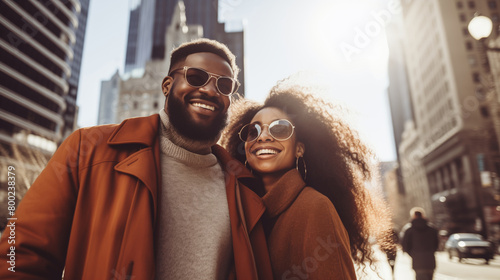 Portrait of happy smiling young black couple enjoys a walk in sunny city