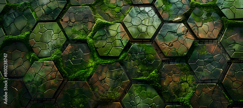 An aerial view of a surface covered in hexagonal tiles that blend colors like moss green and earthy brown, creating a lush, organic tapestry.