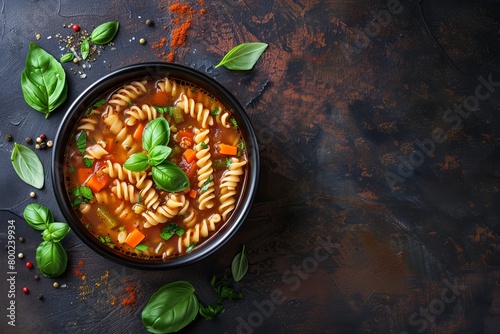 Italian minestrone soup with fusilli pasta on dark rustic background with space for text