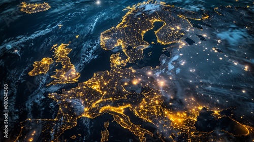 Satellite view of Europe at night showing city lights highlighting the denseness of population and the spread of urban areas across the continent.