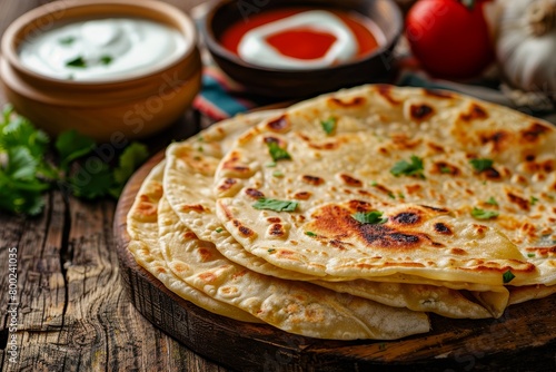 Indian food Aloo paratha with tomato ketchup and curd on colorful or wooden background Focus on dish
