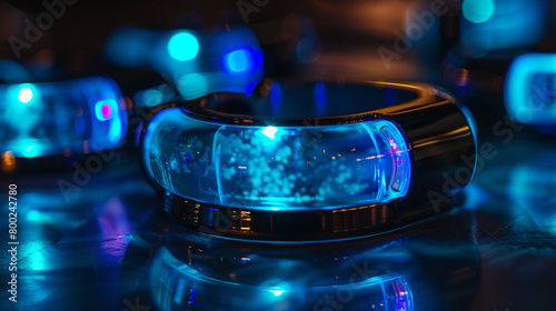 "Bioluminescent wearable tech, glowing cyan bracelets, close-up, soft focus, modern style