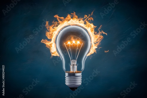 Light bulb with flames, symbolizing innovation in darkness, representing breakthrough and enlightenment on blue background