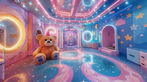 Cute bear holding a cupcake in a zerogravity playroom, surrounded by stars