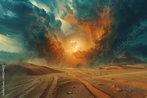 Desert storm scene with swirling sands and an interactive climate control system