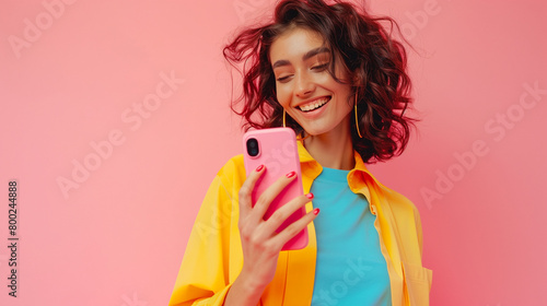 A young woman using her smartphone against a pastel background.