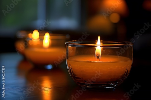 Warm Glowing Candles in Glass Votives on Dark Background