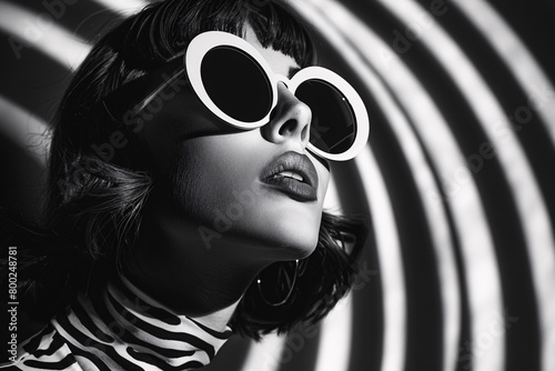 Black and white portrait of a woman with sunglasses and striped outfit against spiral background