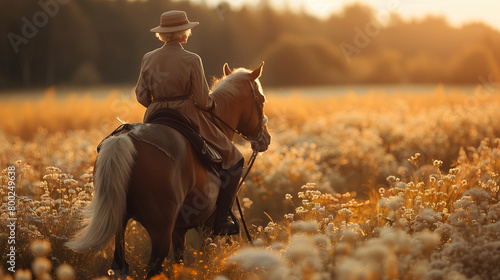Elderly woman riding horse through field of flowers. Generative AI