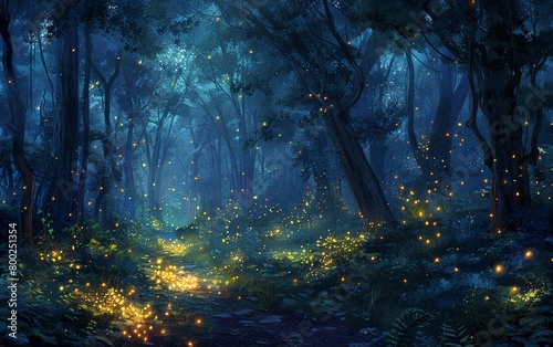 A mysterious woodland illuminated by the sparkling glow of fireflies