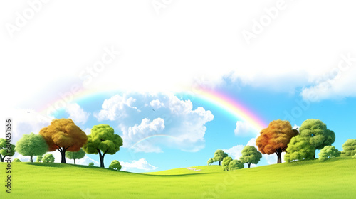 A background of a nature park featuring an isolated rainbow in the sky on a stark white background