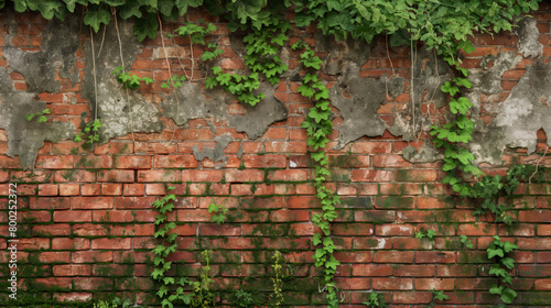 Lush green vines spread across an ancient red brick wall, depicting nature's reclaim over man-made structures